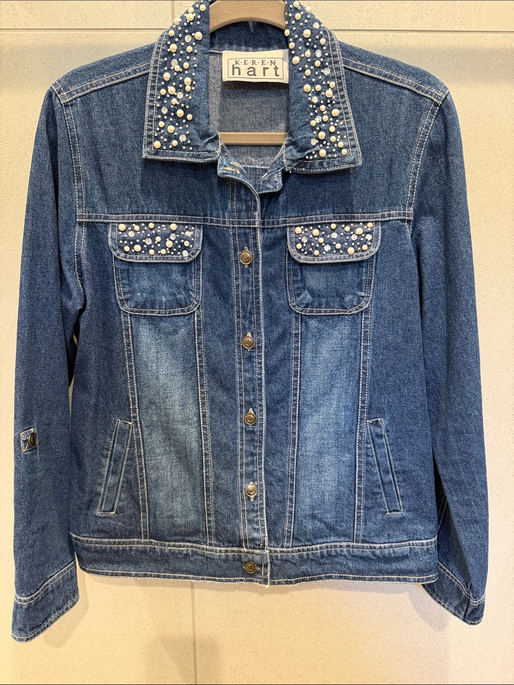 KEREN hart Blue Denim Jacket with Pearl Accents